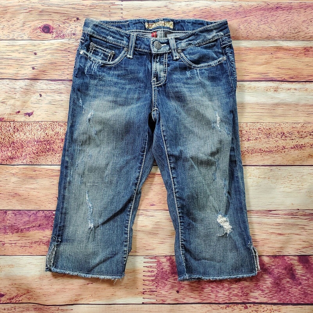 CC - BKE Sarah Cropped Capri Jeans Women 26 Blue Thick Stitch Raw Hem Distressed
